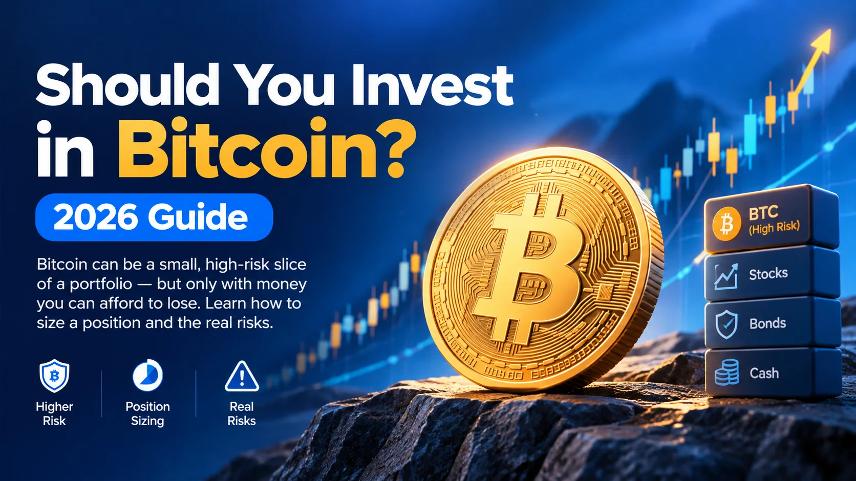Gold Bitcoin coin on a candlestick chart beside a portfolio stack labeled BTC, Stocks, Bonds and Cash — 2026 guide to sizing a Bitcoin position and the real risks